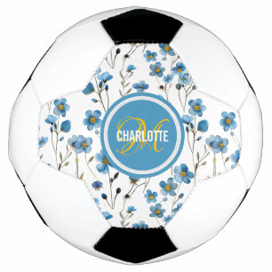 Chic blue floral pattern monogrammed name soccer ball