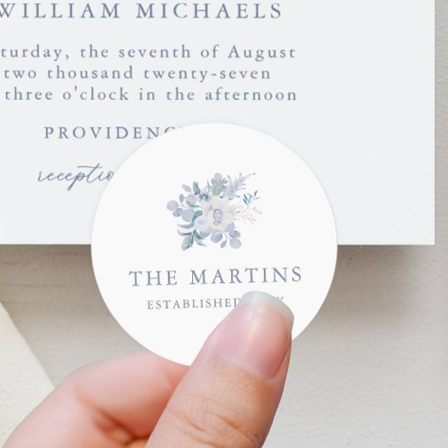Chic Blue Floral Personalized Name Wedding Classic Round Sticker (Creator Uploaded)
