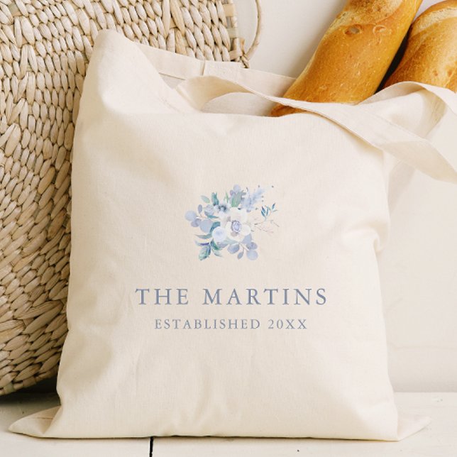 Chic Blue Floral Personalized Name Wedding Tote Bag (Creator Uploaded)