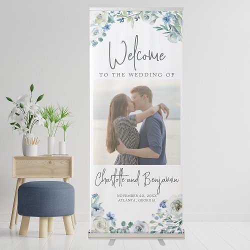 Chic Blue Floral Photo Welcome to Our Wedding Retractable Banner