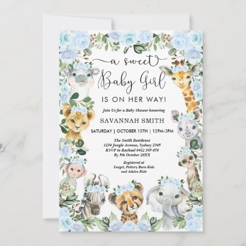 Chic Blue Floral Safari Animals Girl Baby Shower Invitation