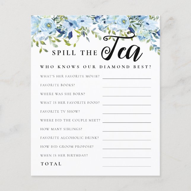 Chic Blue Floral Spill the Tea Bridal Shower Game (Front)