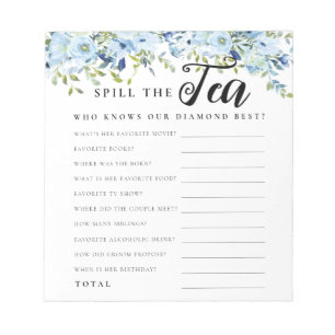 Chic Blue Floral Spill the Tea Bridal Shower Game Notepad