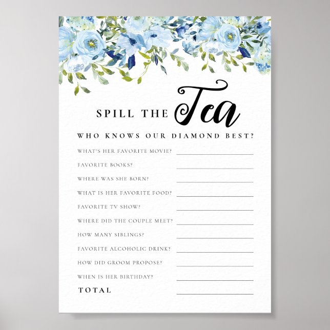 Chic Blue Floral Spill the Tea Bridal Shower Game Poster (Front)
