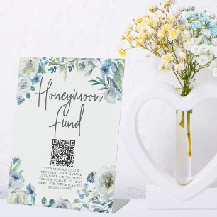 Chic Blue Floral Spring Wedding Honeymoon Fund Pedestal Sign