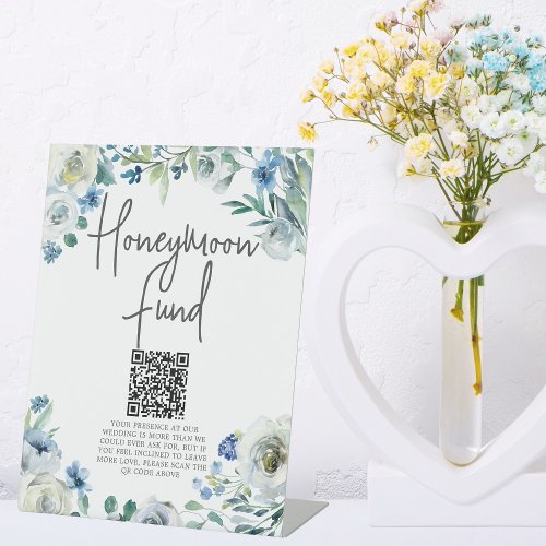 Chic Blue Floral Spring Wedding Honeymoon Fund Pedestal Sign