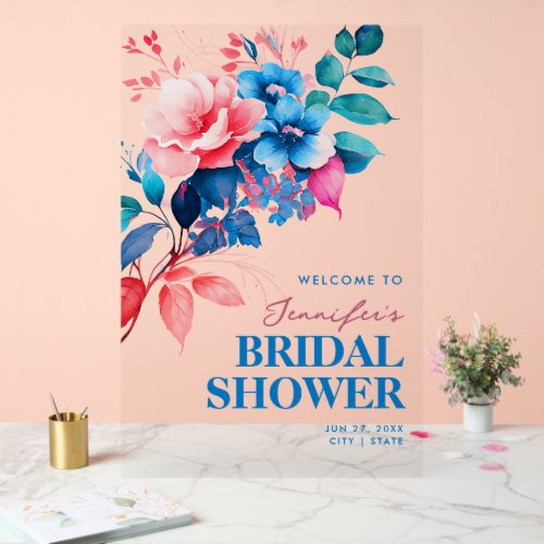 Chic Blue Floral Watercolor Bridal Shower Welcome  Acrylic Sign