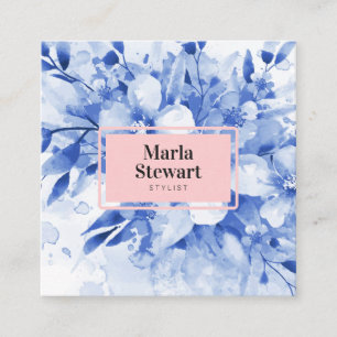 Chic blue floral watercolor elegant pink modern square business card