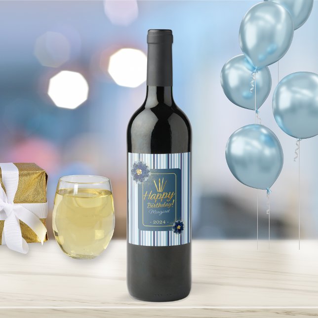 Chic Blue Floral White Stripe Happy Birthday Name Wine Label (Creator Uploaded)