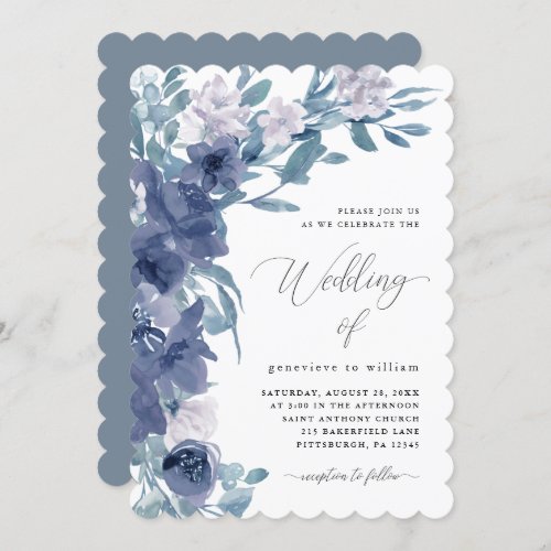 Chic Blue Floral with Calligraphy Wedding Invitation