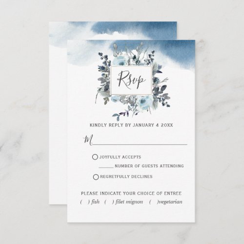 Chic Blue Floral without Meal Choices Watercolor RSVP Card
