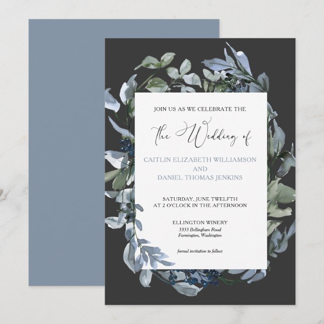 Chic Blue Floral Wreath Wedding Invitation (Front/Back)