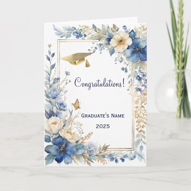 Chic Blue Flower Butterfly Personalized Graduation Card (Front)