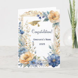 Chic Blue Flower Golden Personalized Graduation Card