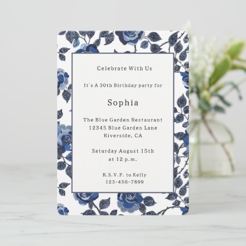 Chic Blue Flowers Birthday Invitation