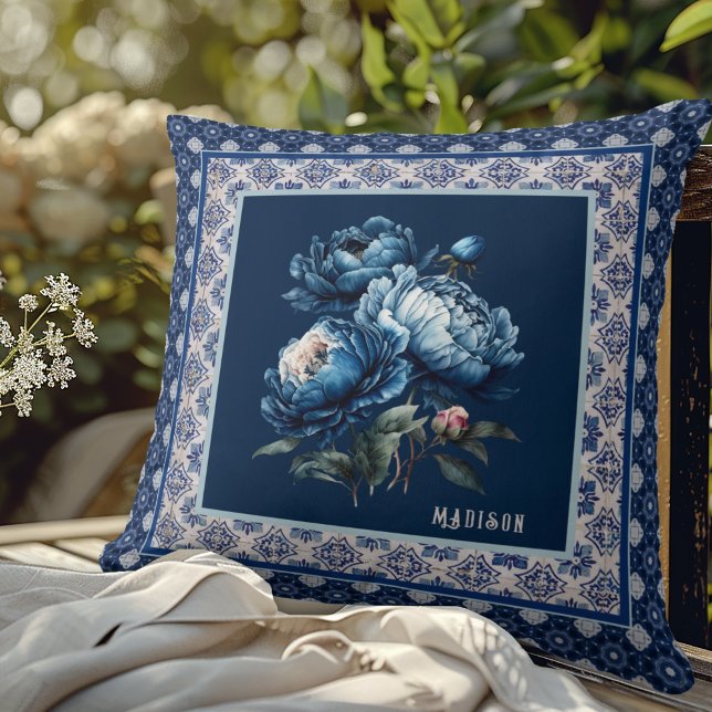 Chic Blue flowers chinoiserie toile monogram Throw Pillow (Creator Uploaded)