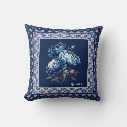 Chic Blue flowers chinoiserie toile monogram Throw Pillow