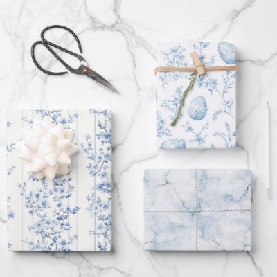 Chic Blue Flowers Easter Eggs Wrapping Paper Sheets