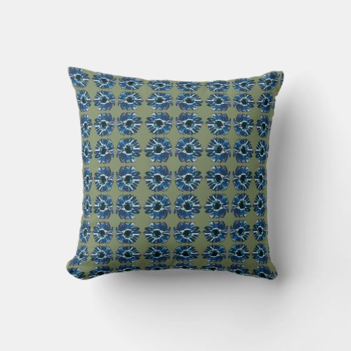 Chic Blue Flowers Pattern with Olive Green  Throw Pillow