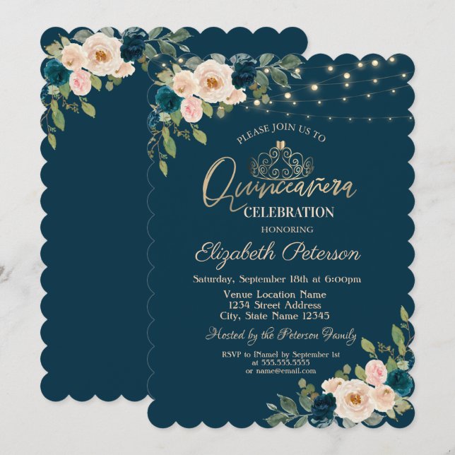 Chic Blue Flowers String Lights Quinceañera Invitation (Front/Back)
