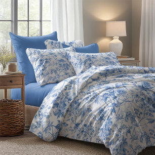 Chic Blue French Toile Roses Floral Duvet Cover