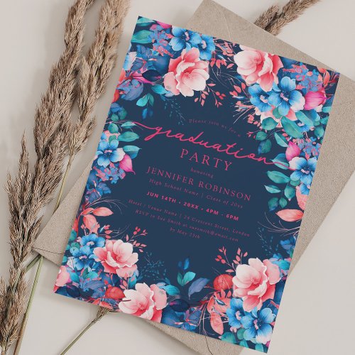 Chic Blue Garden Floral Graduation Navy  Invitation