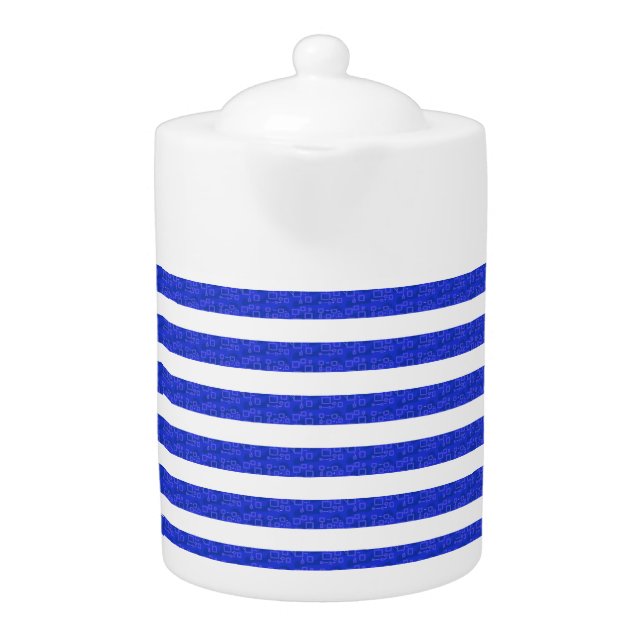 Chic Blue Geometric Stripes Teapot (Front)