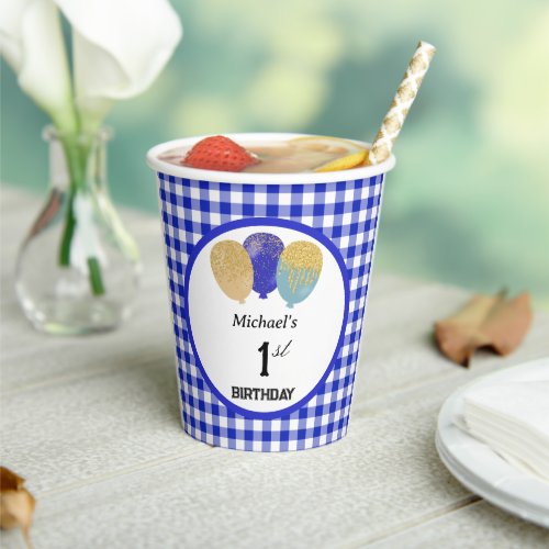 Chic Blue Gingham Balloons 1st Birthday Paper Cups