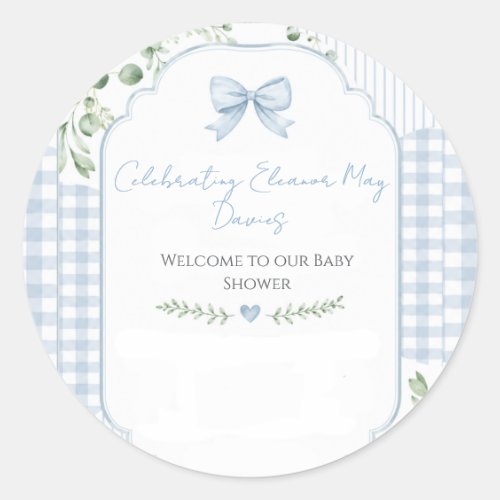 Chic Blue Gingham Bow Floral Baby Shower Classic Round Sticker