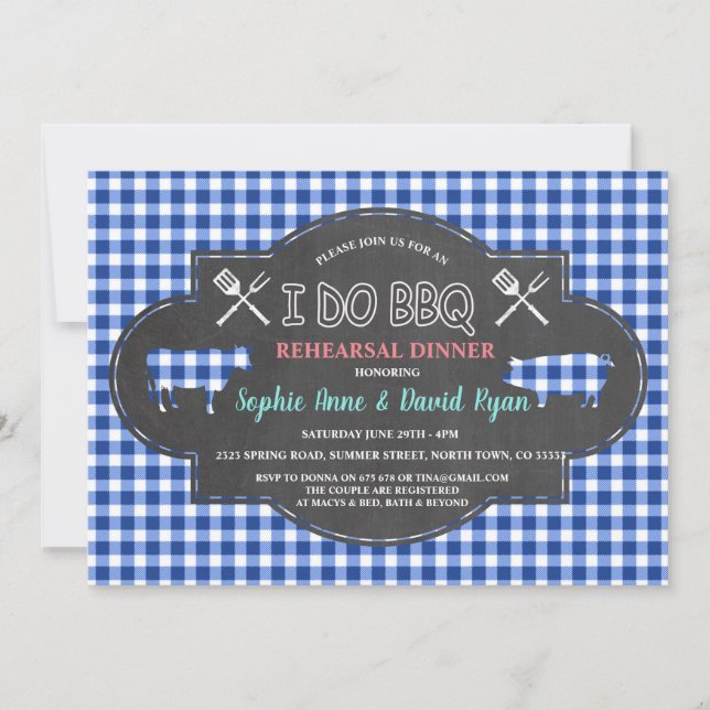 Chic Blue Gingham Chalk I DO BBQ Rehearsal Dinner Invitation (Front)