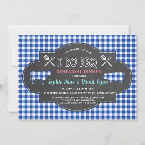 Chic Blue Gingham Chalk I DO BBQ Rehearsal Dinner Invitation