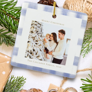 Chic Blue Gingham Plaid Family Christmas Photo Ceramic Ornament