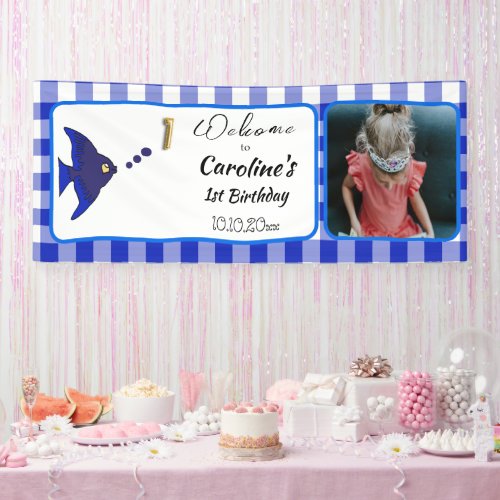 Chic Blue Gingham Tropical Fish 1st Birthday Banner