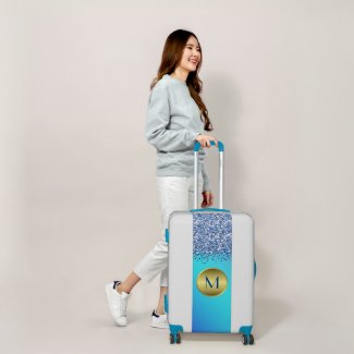 Chic Blue Glitter and Gold Monogrammed