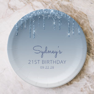Chic Blue Glitter Drip 21st Birthday Party Paper Plates