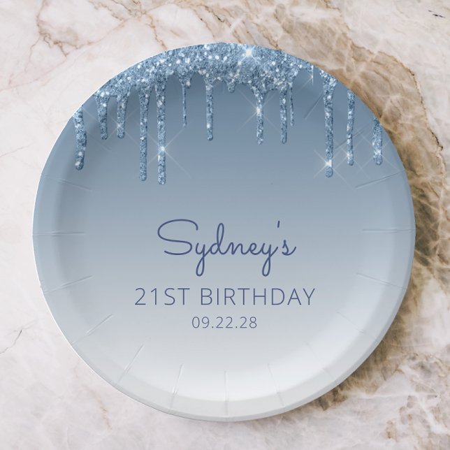 Chic Blue Glitter Drip 21st Birthday Party Paper Plates (Creator Uploaded)