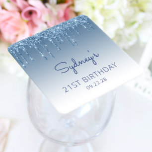 Chic Blue Glitter Drip 21st Birthday Party Square Paper Coaster