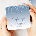 Chic Blue Glitter Drip 21st Birthday Party Square Paper Coaster<br><div class="desc">These chic 21st birthday party paper coasters feature a sparkly blue faux glitter drip border and blue ombre background. Personalize them with the guest of honor's name in blue handwriting script,  with her birthday and date below in sans serif font.</div>