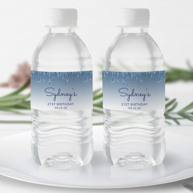 Chic Blue Glitter Drip 21st Birthday Party Water Bottle Label (Creator Uploaded)
