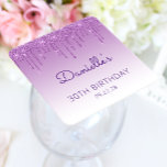 Chic Blue Glitter Drip 30th Birthday Party Square Paper Coaster<br><div class="desc">These chic 30th birthday party paper coasters feature a sparkly purple faux glitter drip border and purple ombre background. Personalize them with the guest of honor's name in purple handwriting script,  with her birthday and date below in sans serif font.</div>