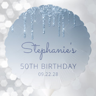 Chic Blue Glitter Drip 50th Birthday Party Balloon