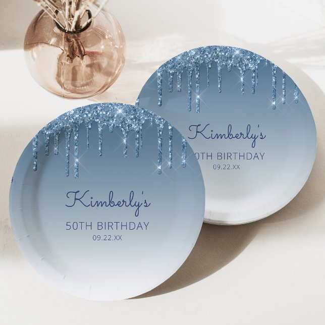 Chic Blue Glitter Drip 50th Birthday Party Paper Plates (Creator Uploaded)