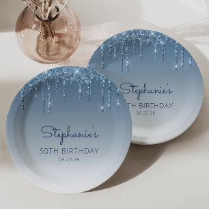 Chic Blue Glitter Drip 50th Birthday Party Paper Plates