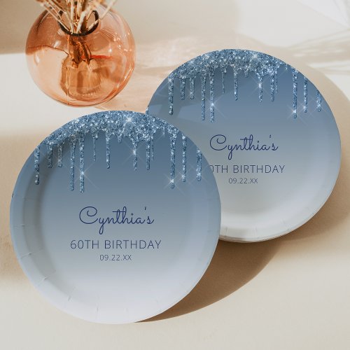 Chic Blue Glitter Drip 60th Birthday Party Paper Plates