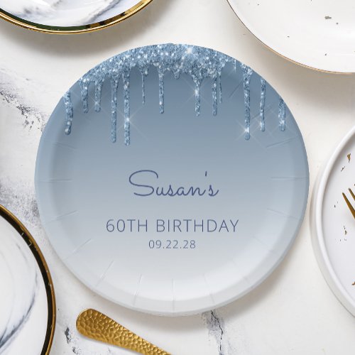 Chic Blue Glitter Drip 60th Birthday Party Paper Plates