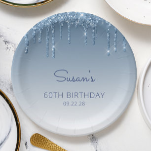 Chic Blue Glitter Drip 60th Birthday Party Paper Plates
