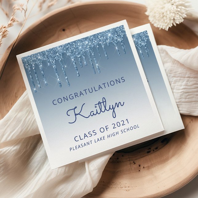 Chic Blue Glitter Drip Graduation Napkins (Creator Uploaded)