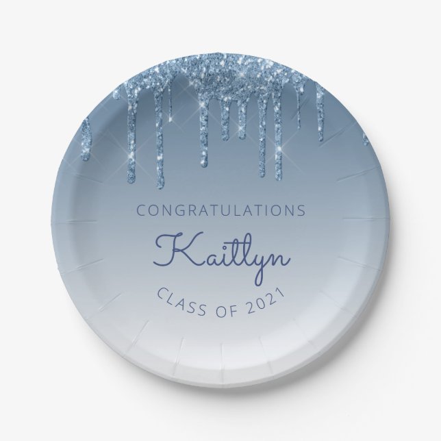 Chic Blue Glitter Drip Graduation Party Paper Plates (Front)