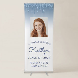 Chic Blue Glitter Drip Photo Graduation Retractable Banner