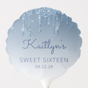Chic Blue Glitter Drip Sweet 16 Party Balloon